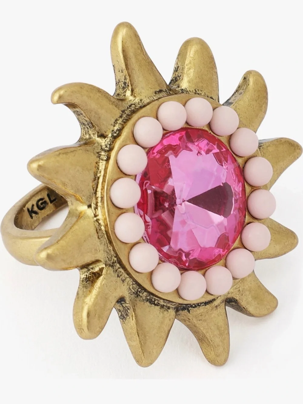 Kurt Geiger Gold Sunburst Cocktail Ring with Pink Stone Sz 9